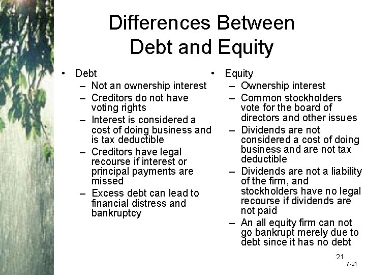 Differences Between Debt and Equity • Debt • Equity – Not an ownership interest
