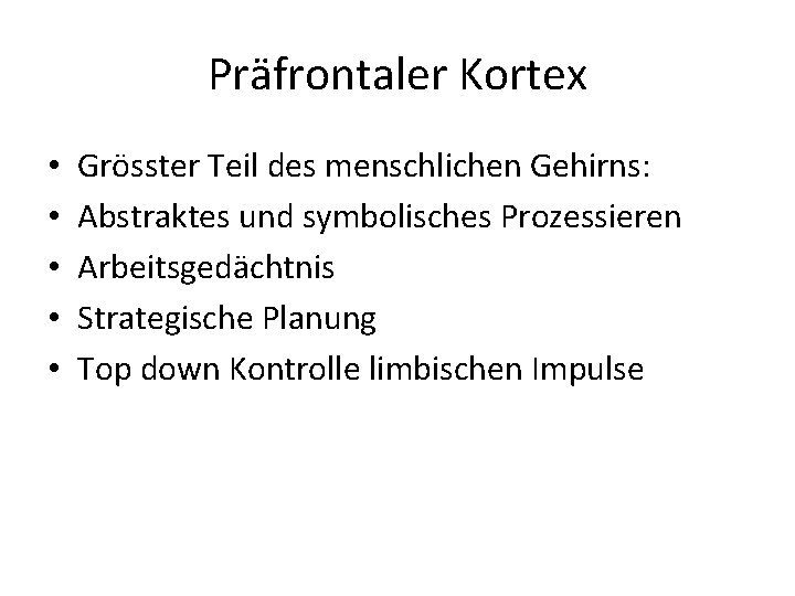 Präfrontaler Kortex • • • Grösster Teil des menschlichen Gehirns: Abstraktes und symbolisches Prozessieren