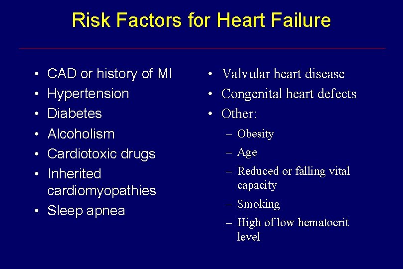 Risk Factors for Heart Failure • • • CAD or history of MI Hypertension