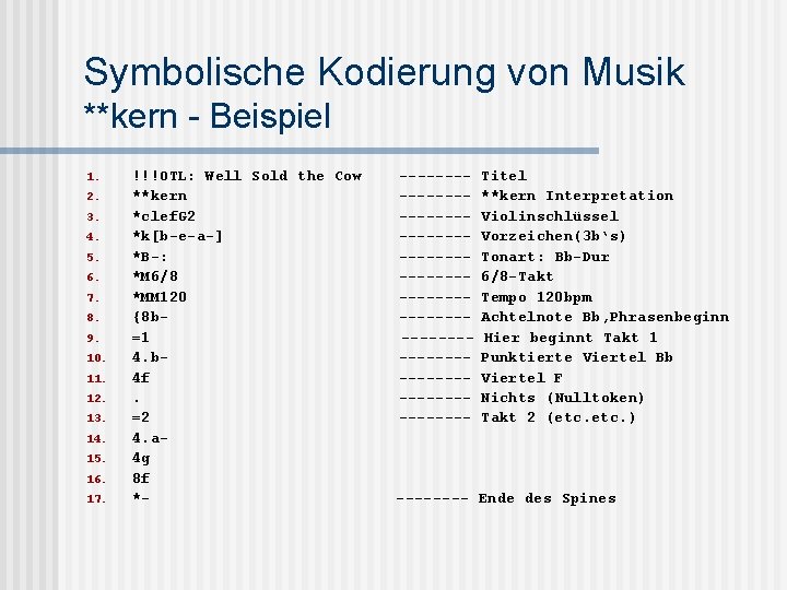 Symbolische Kodierung von Musik **kern - Beispiel 1. 2. 3. 4. 5. 6. 7.
