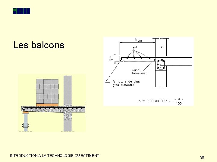 Les balcons INTRODUCTION A LA TECHNOLOGIE DU BATIMENT 38 