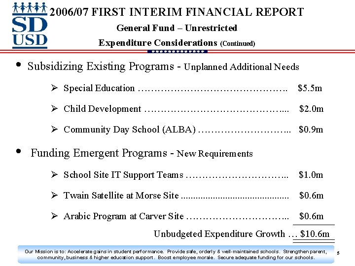 2006/07 FIRST INTERIM FINANCIAL REPORT General Fund – Unrestricted Expenditure Considerations (Continued) • Subsidizing