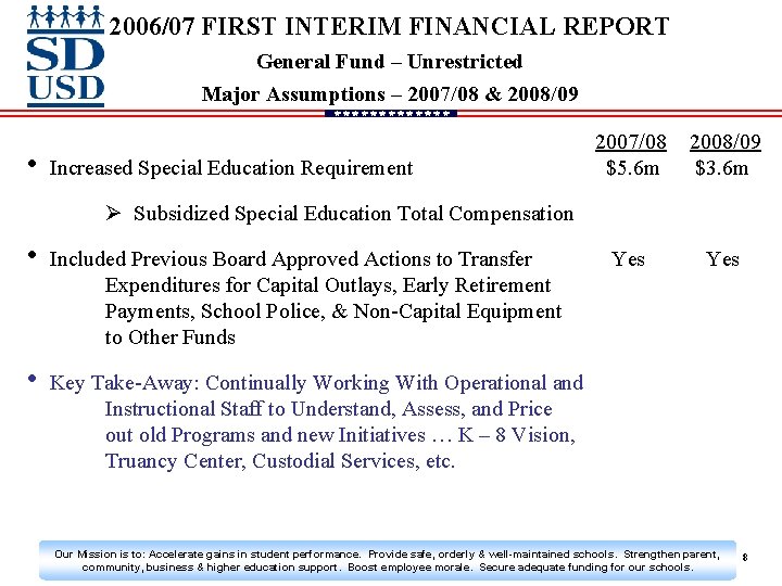 2006/07 FIRST INTERIM FINANCIAL REPORT General Fund – Unrestricted Major Assumptions – 2007/08 &