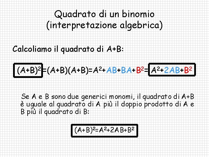 Quadrato di un binomio (interpretazione algebrica) Calcoliamo il quadrato di A+B: (A+B)2 =(A+B)=A 2+AB+BA+B