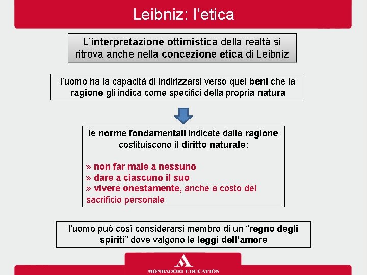 Leibniz: l’etica L’interpretazione ottimistica della realtà si ritrova anche nella concezione etica di Leibniz