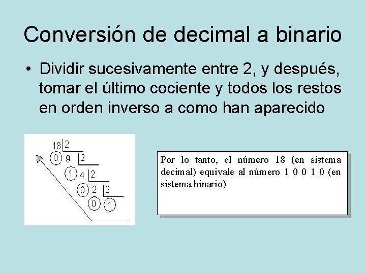 Conversión de decimal a binario • Dividir sucesivamente entre 2, y después, tomar el