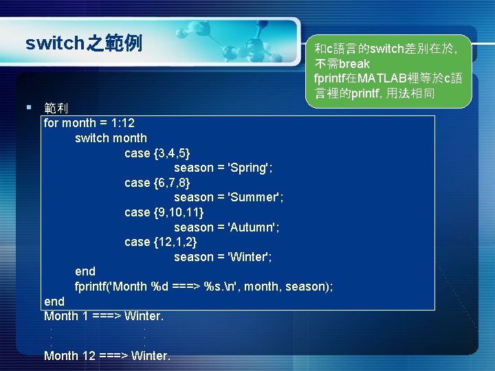 switch之範例 和c語言的switch差別在於, 不需break fprintf在MATLAB裡等於c語 言裡的printf, 用法相同 § 範利 for month = 1: 12 switch switch之範例 和c語言的switch差別在於, 不需break fprintf在MATLAB裡等於c語 言裡的printf, 用法相同 § 範利 for month = 1: 12 switch