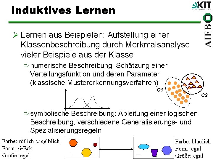 Induktives Lernen Ø Lernen aus Beispielen: Aufstellung einer Klassenbeschreibung durch Merkmalsanalyse vieler Beispiele aus