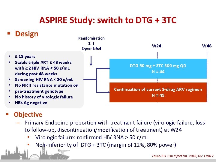 ASPIRE Study: switch to DTG + 3 TC § Design • • Randomisation 1: