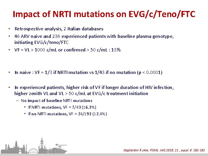 Impact of NRTI mutations on EVG/c/Teno/FTC • Retrospective analysis, 2 Italian databases • 46