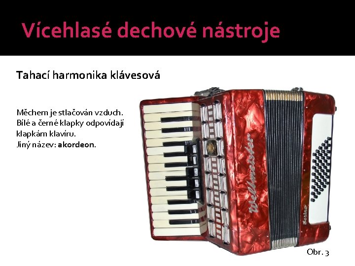 Vícehlasé dechové nástroje Tahací harmonika klávesová Měchem je stlačován vzduch. Bílé a černé klapky