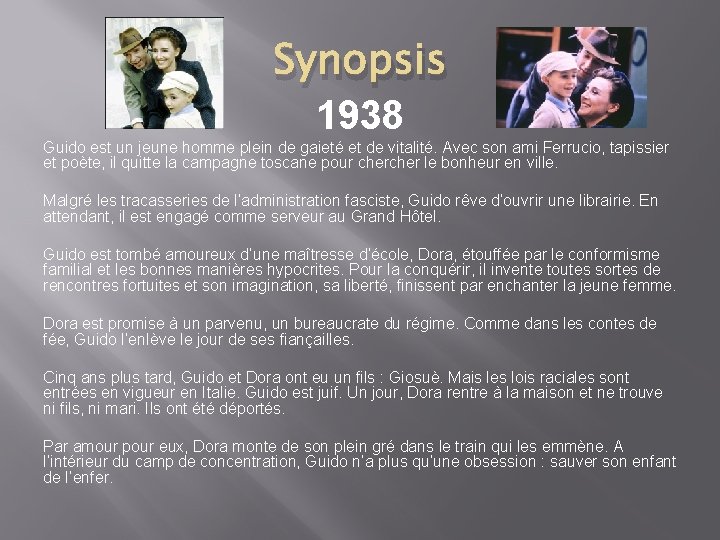 Synopsis 1938 Guido est un jeune homme plein de gaieté et de vitalité. Avec