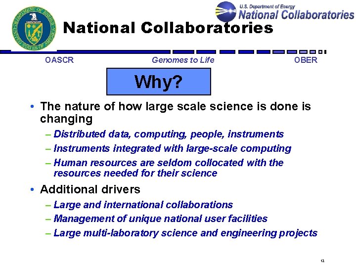 National Collaboratories OASCR Genomes to Life OBER Why? • The nature of how large