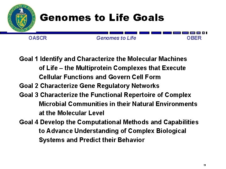 Genomes to Life Goals OASCR Genomes to Life OBER Goal 1 Identify and Characterize