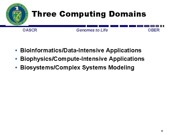 Three Computing Domains OASCR Genomes to Life OBER • Bioinformatics/Data-Intensive Applications • Biophysics/Compute-Intensive Applications