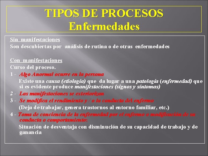 TIPOS DE PROCESOS Enfermedades Sin manifestaciones Son descubiertas por análisis de rutina o de