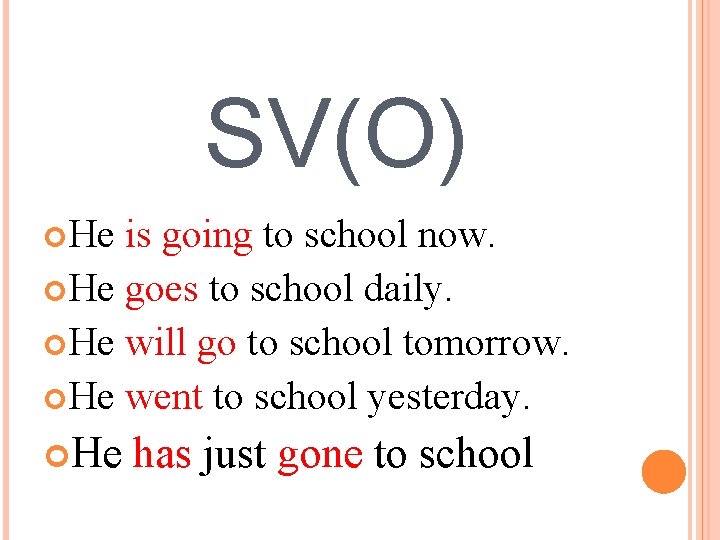 SV(O) He is going to school now. He goes to school daily. He will