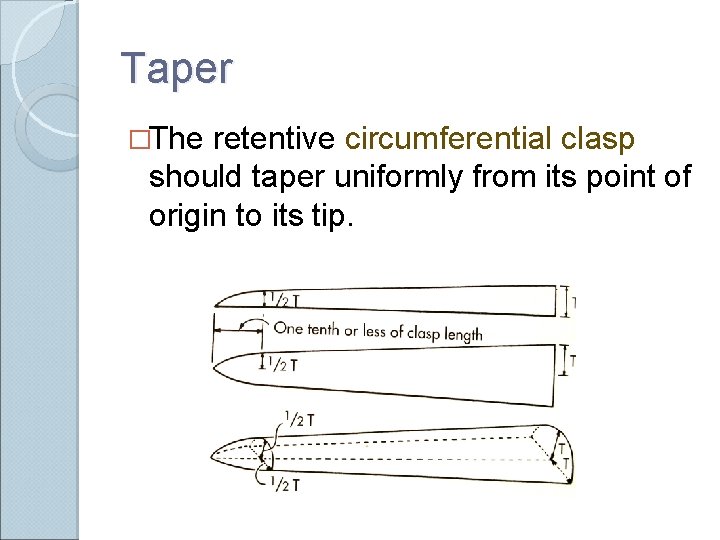 Taper �The retentive circumferential clasp should taper uniformly from its point of origin to