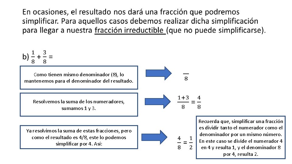  • Como tienen mismo denominador (8), lo mantenemos para el denominador del resultado.