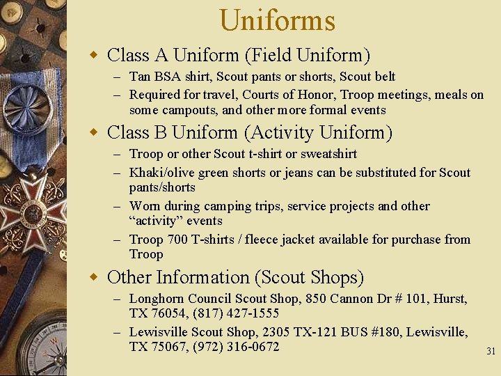 Uniforms w Class A Uniform (Field Uniform) – Tan BSA shirt, Scout pants or