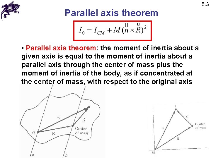 5. 3 Parallel axis theorem • Parallel axis theorem: the moment of inertia about