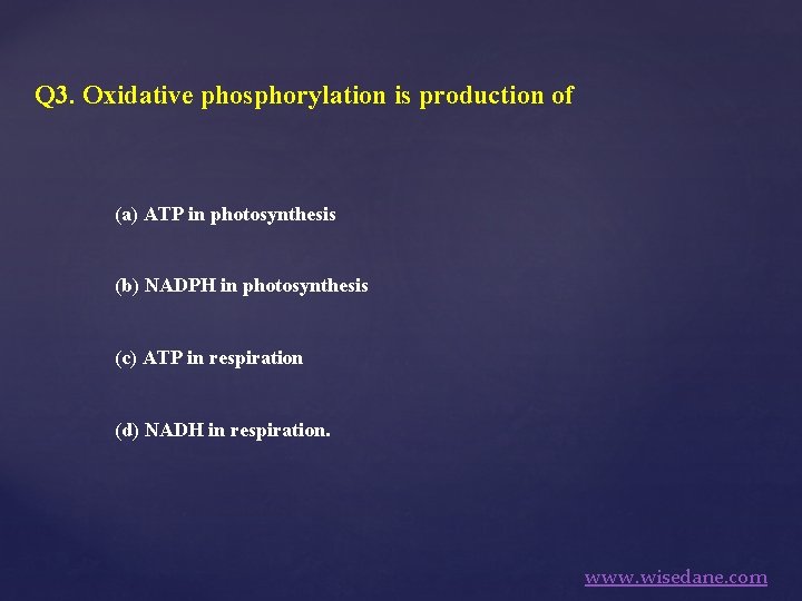 Q 3. Oxidative phosphorylation is production of (a) ATP in photosynthesis (b) NADPH in
