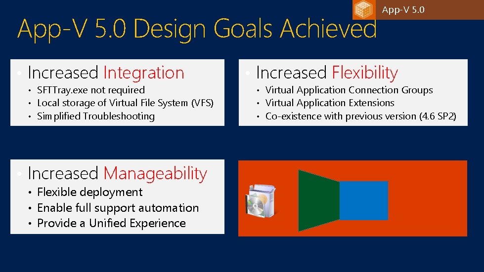 App-V 5. 0 Design Goals Achieved • Increased Integration • SFTTray. exe not required