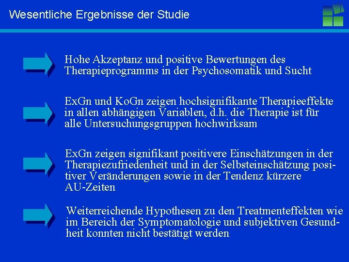 Wesentliche Ergebnisse der Studie Hohe Akzeptanz und positive Bewertungen des Therapieprogramms in der Psychosomatik