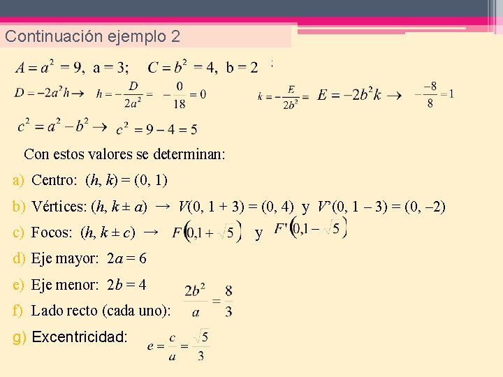Continuación ejemplo 2 ; Con estos valores se determinan: a) Centro: (h, k) =