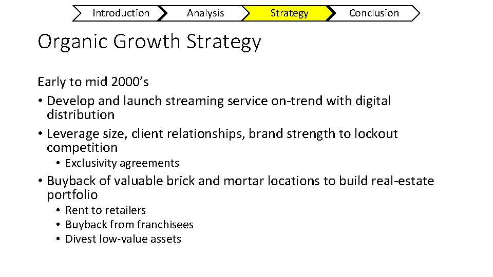 Introduction Analysis Strategy Conclusion Organic Growth Strategy Early to mid 2000’s • Develop and