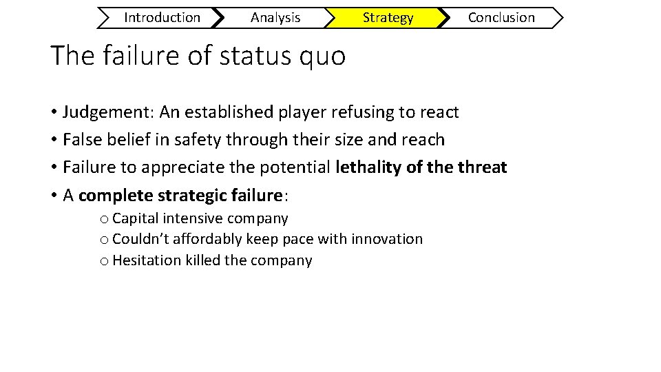 Introduction Analysis Strategy Conclusion The failure of status quo • Judgement: An established player