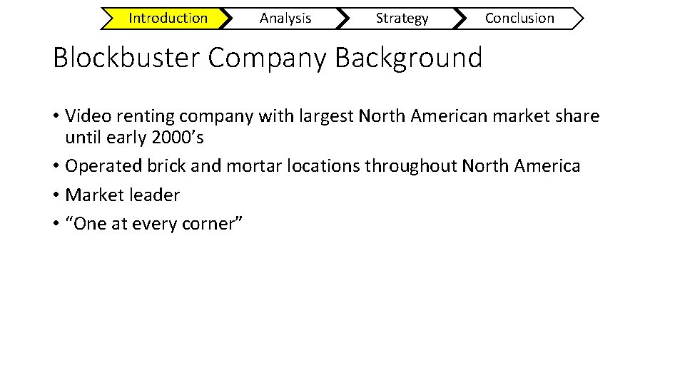 Introduction Analysis Strategy Conclusion Blockbuster Company Background • Video renting company with largest North