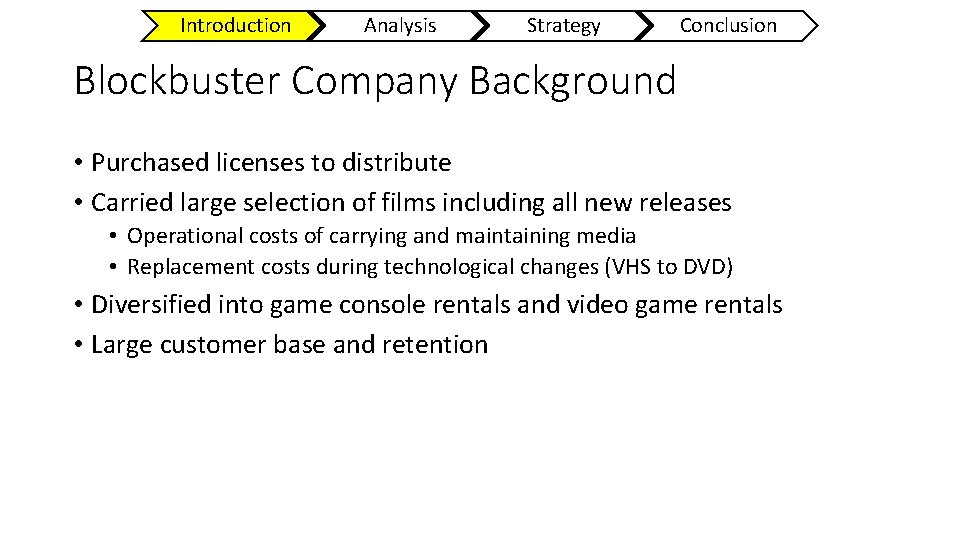 Introduction Analysis Strategy Conclusion Blockbuster Company Background • Purchased licenses to distribute • Carried