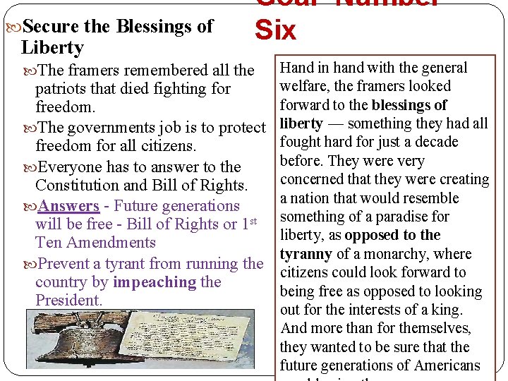  Secure the Blessings of Liberty Goal- Number Six Hand in hand with the