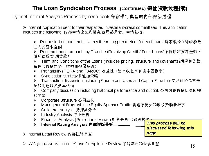 The Loan Syndication Process (Continued) 银团贷款过程(续) Typical Internal Analysis Process by each bank 每家银行典型的内部评级过程