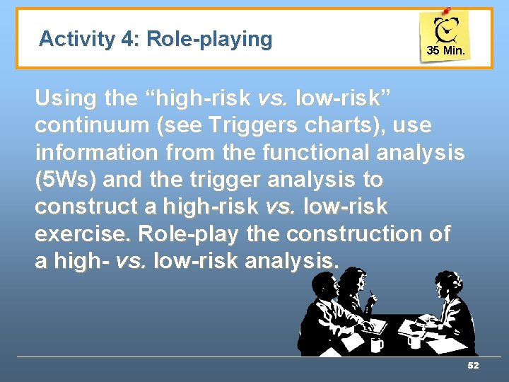 Activity 4: Role-playing 35 Min. Using the “high-risk vs. low-risk” continuum (see Triggers charts),