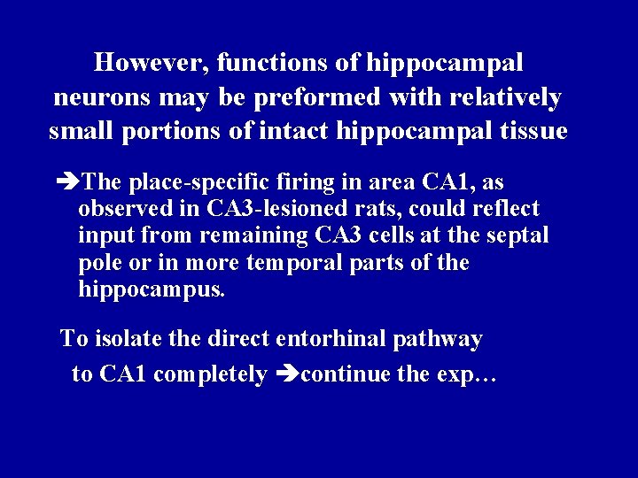 However, functions of hippocampal neurons may be preformed with relatively small portions of intact