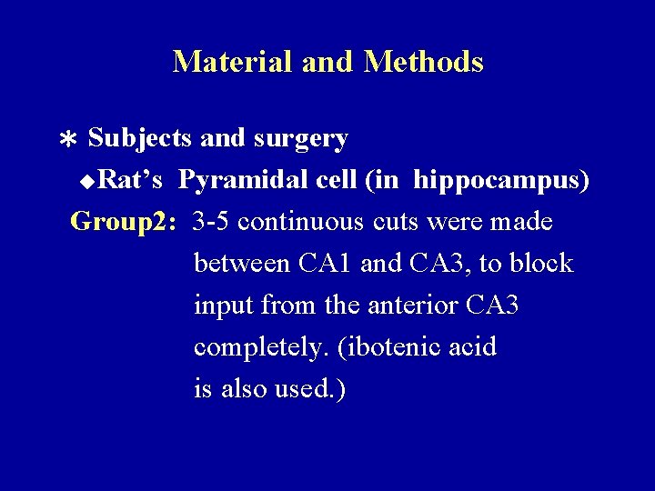 Material and Methods ＊ Subjects and surgery Rat’s Pyramidal cell (in hippocampus) Group 2: