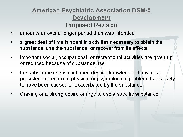 American Psychiatric Association DSM-5 Development Proposed Revision • amounts or over a longer period