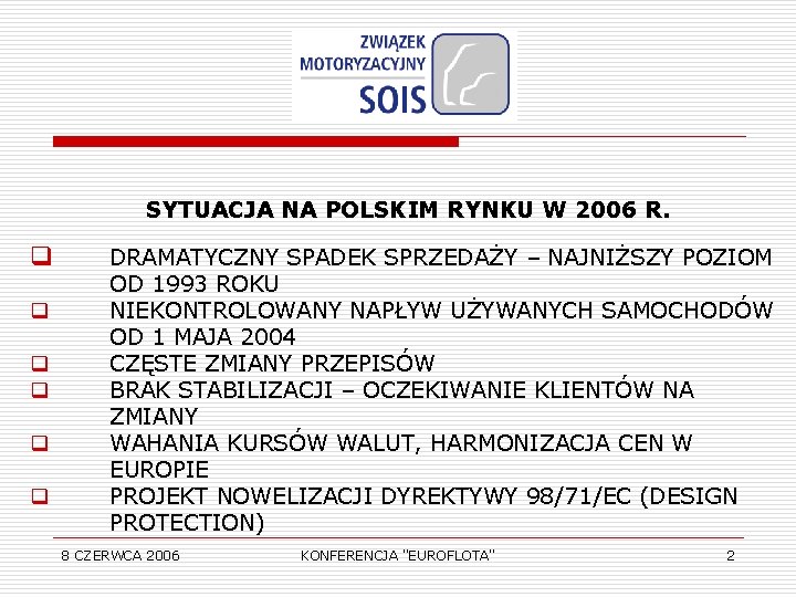 SYTUACJA NA POLSKIM RYNKU W 2006 R. q q q DRAMATYCZNY SPADEK SPRZEDAŻY –