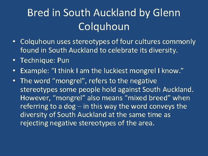 Bred in South Auckland by Glenn Colquhoun • Colquhoun uses stereotypes of four cultures