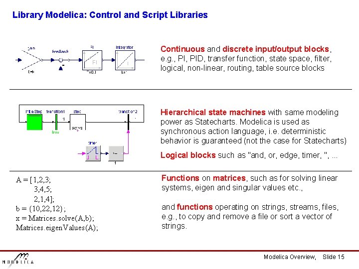 Library Modelica: Control and Script Libraries Continuous and discrete input/output blocks, e. g. ,