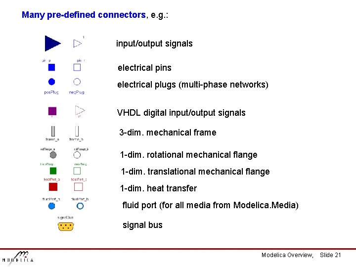 Many pre-defined connectors, e. g. : input/output signals electrical pins electrical plugs (multi-phase networks)