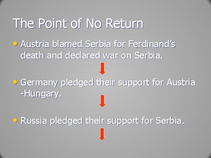 The Point of No Return • Austria blamed Serbia for Ferdinand’s death and declared