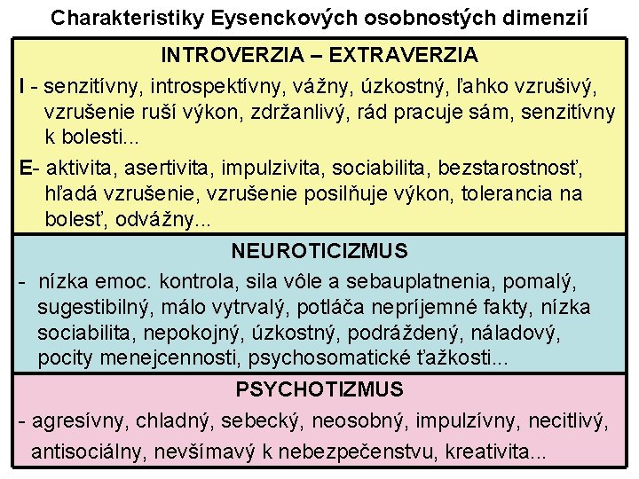 Charakteristiky Eysenckových osobnostých dimenzií INTROVERZIA – EXTRAVERZIA I - senzitívny, introspektívny, vážny, úzkostný, ľahko