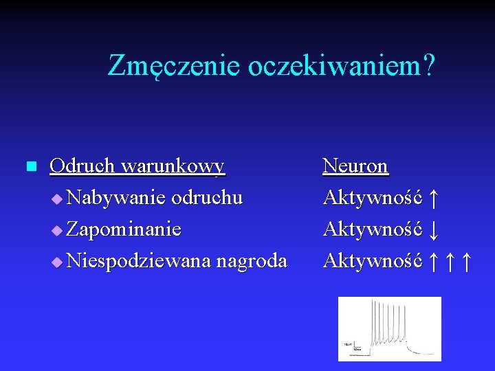 Zmęczenie oczekiwaniem? n Odruch warunkowy u Nabywanie odruchu u Zapominanie u Niespodziewana nagroda Neuron