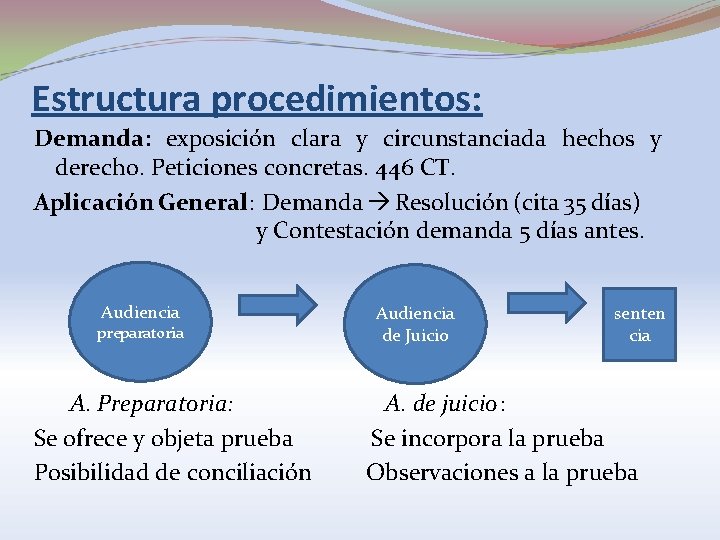 Estructura procedimientos: Demanda: exposición clara y circunstanciada hechos y derecho. Peticiones concretas. 446 CT.