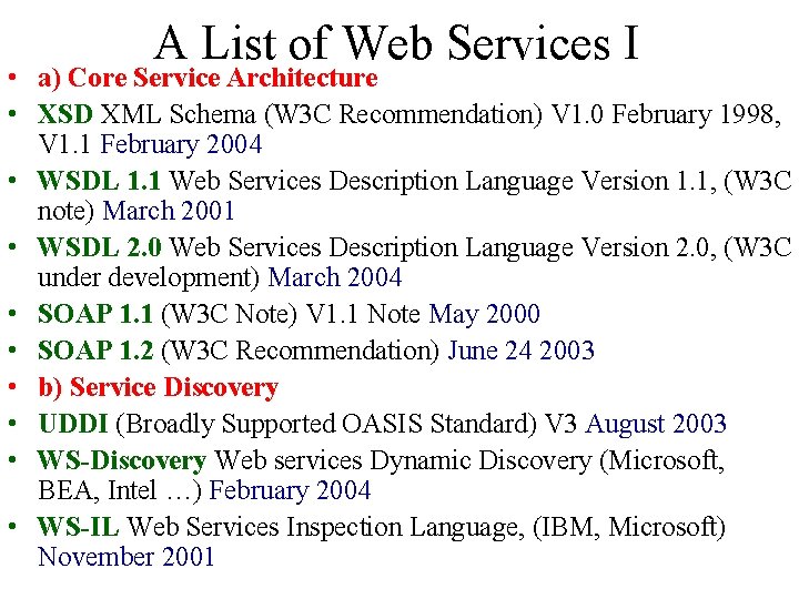 A List of Web Services I • a) Core Service Architecture • XSD XML A List of Web Services I • a) Core Service Architecture • XSD XML