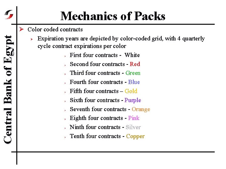 Central Bank of Egypt Mechanics of Packs Ø Color coded contracts Ø Expiration years