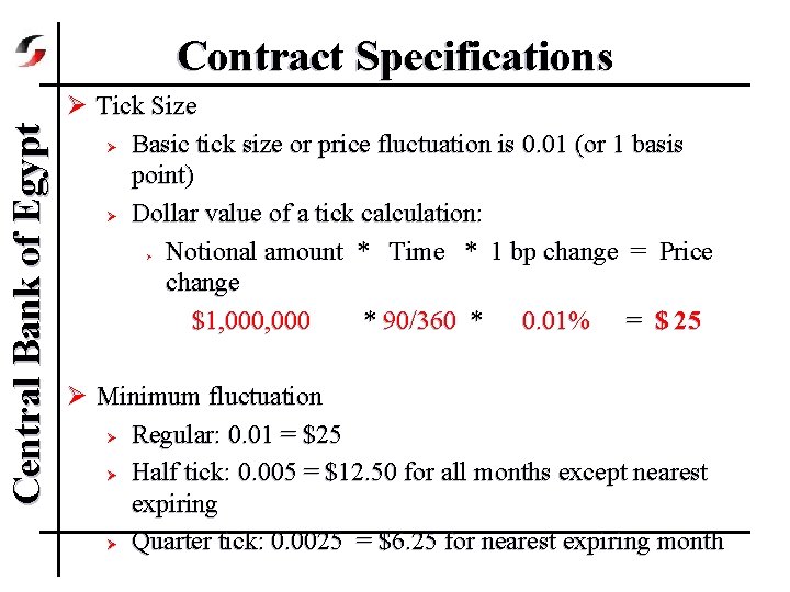 Central Bank of Egypt Contract Specifications Ø Tick Size Ø Basic tick size or